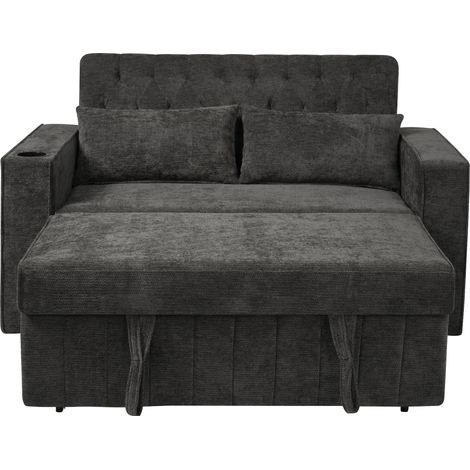 Canapé-lit 2 places multifonction en tissu chenille gris avec rangement, porte-gobelet et port USB (1/5)