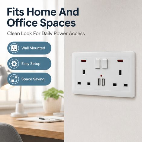 FLITI Double Wall Socket 2 USB 13A Flat Plate White PC Pack of 4 (1/5)