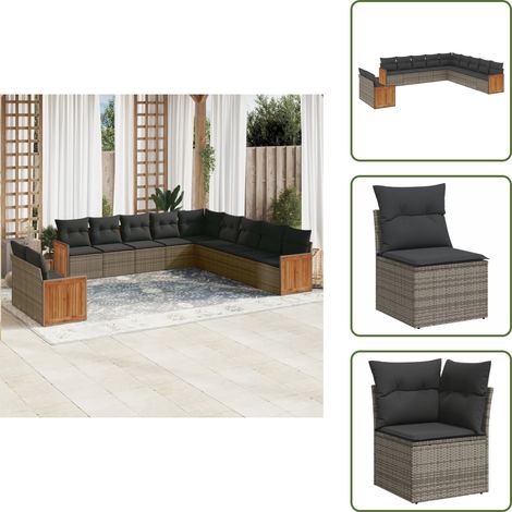 The Living Store 11-tlg. Garten-Sofagarnitur mit Kissen Grau Poly Rattan - Gartensortiment - Gartenmöbel - Lounge Möbel - Esszimmergarnitur - Rattan Gartenmöbel (1/5)