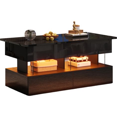 CHICFURN Table basse relevable noire 100x50x46 cm avec LED, plateau hauteur réglable, rangement caché, 2 tiroirs push et niche ouverte pour salon (1/5)