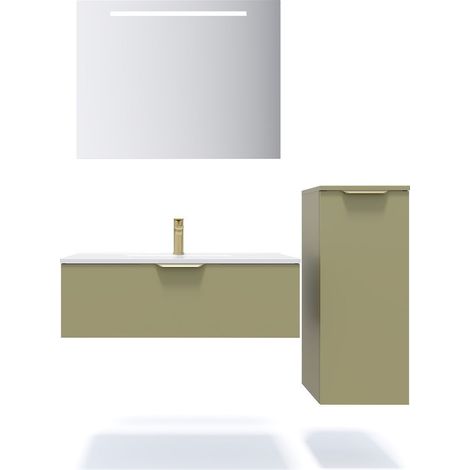 Meuble de salle de bain suspendu vasque intégrée 90cm 1 tiroir Vert olive + miroir + colonne ouverture droite - Venice (1/5)