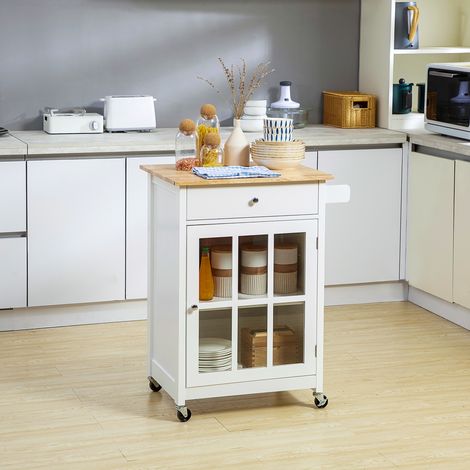 Chariot de cuisine à roulettes avec de multiples options de rangement - vitrine avec étagère réglable, tiroir et porte-serviettes - blanc avec finition chêne clair (1/5)