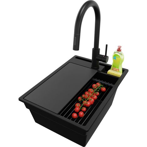 PRIMAGRAN Evier Cuisine en Granit 38x53cm, Lavabo 1 bac + Kit de Vidage + Accessoire, Évier à Encastrer au meuble 40cm - Oslo Pocket, Tout Noir (1/5)