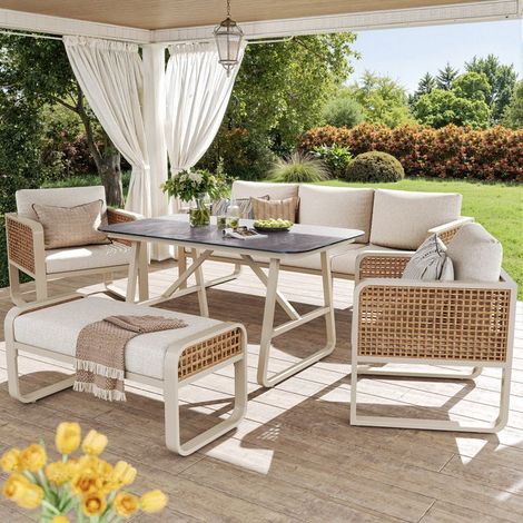 Salon de jardin - Salon de jardin pour 6-7 personnes - Rotin PE anti-UV - Modulable, coussins déhoussables - Table pieds réglables (1/5)