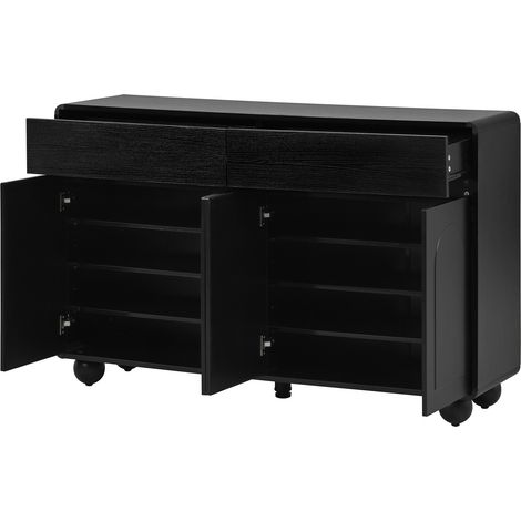 Credenza moderna nera con 2 cassetti e 4 ante, struttura in PB e MDF, gambe metalliche rotonde (1/5)