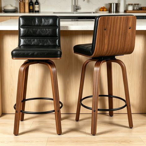 Tabouret de bar pivotant 360° en PU, pieds en bois courbés, noir, 40 x 48 x 90 cm OKMYHOME (1/5)