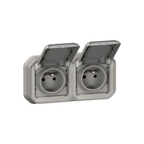 Legrand - Plexo L - Double Prise 2P+T pru00e9cu00e2blu00e9e - Horizontal - Encastru00e9 - Gris- Ref. : 069683L+069562L (1/3)