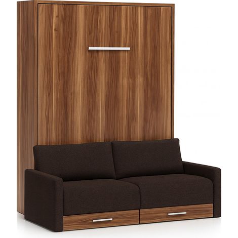 Lit escamotable vertical à tiroirs et canapé tissu VALENCIA Marron Matelas mousse 18 cm-Avec matelas-80x180-Canapé Marron-Structure Noyer (1/5)
