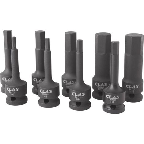 Clas – Coffret de 9 douilles embouts choc 6 pans 1/2" H4-H19 – Douilles H4 à H19 L.78mm – Pour visserie professionnelle (1/3)