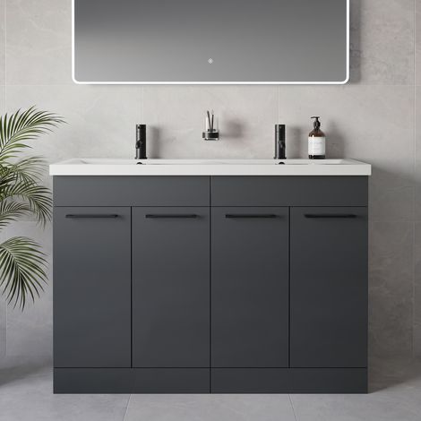 Napoli 390 Gloss Grey 1200mm 4 Door Vanity Unit with Double Glide Basins - 1200mm - Matt Black 160mm Handle