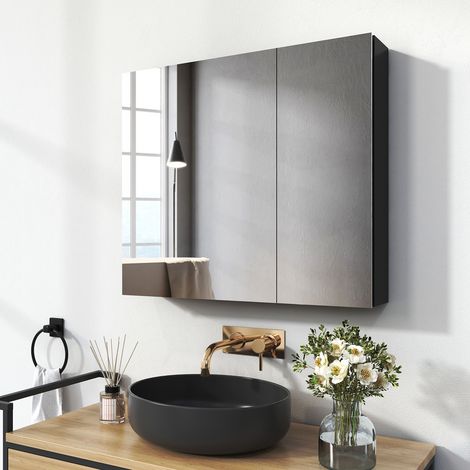 EMKE Spiegelschränke 75x65cm Spiegelschrank Badschrank mit Doppelseitiger Spiegel (Schwarz)