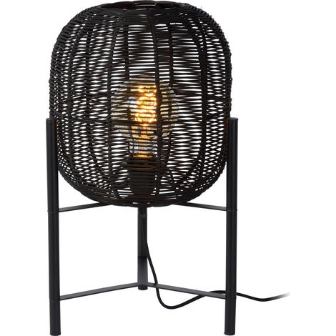 Lampe de table Hermine rotin/métal noir E27 Lucide (1/4)