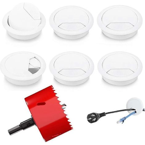 Lot de 7 passe-câbles blancs pour bureau, avec scie cloche de 60 mm et installation facile. (1/5)