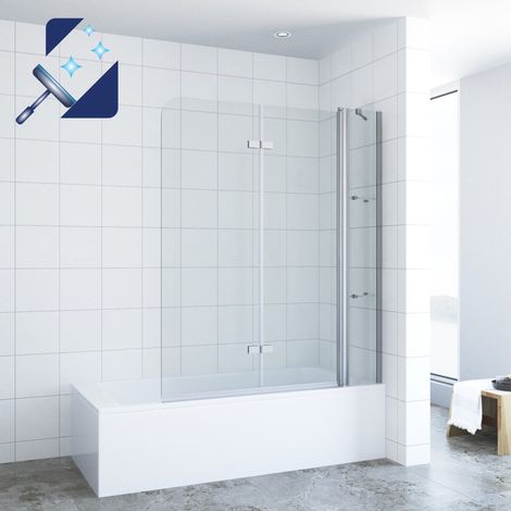 AQUABATOS® Badewannenaufsatz Duschabtrennung Duschtrennwand für Badewanne Faltbar Badewannenfaltwand Duschwand Glas 5 mm Sicherheitsglas mit Nano Beschichtung Größe: 150 x 140 cm (1/5)
