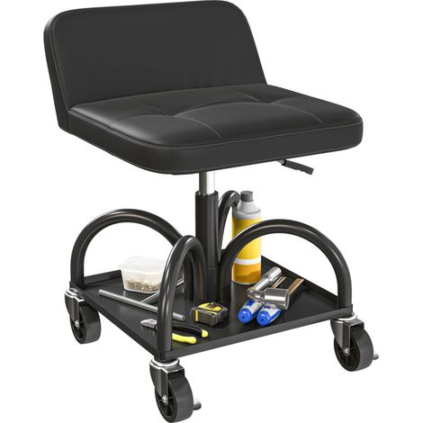 Tabouret d'atelier à roulettes avec plateau de rangement, hauteur 58,5 cm, charge maximale 135 kg, noir