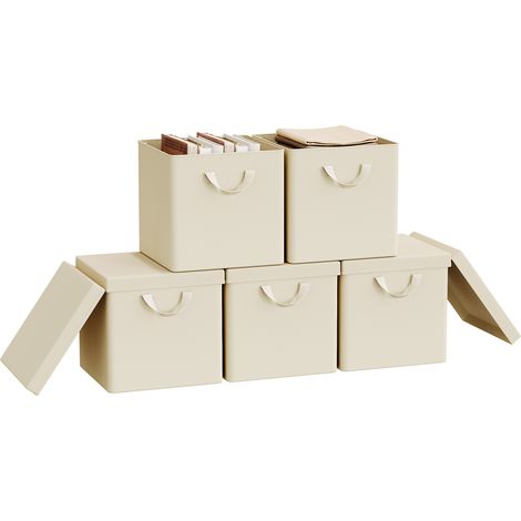 Lot de 5 Boîtes Rangement WOLTU, 30x30x29 cm, Cubes de Rangement Tissu avec Couvercle, Poignée et Cadre en Métal, Pliable, Crème (1/5)