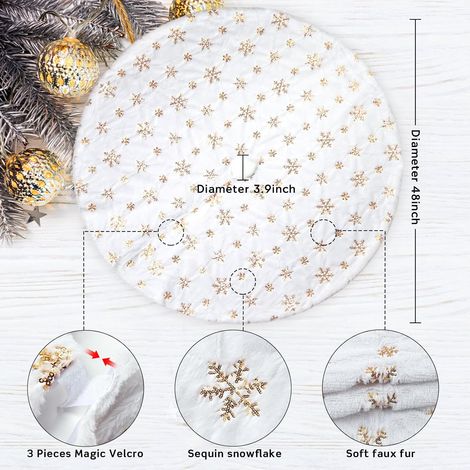 Jupe de sapin de Noël de 122 cm, blanche, en peluche, à paillettes dorées et flocons de neige, pour décorations de Noël et de fêtes.