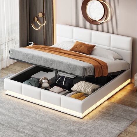Cama con arcón 160x200 cm con LED, somier metálico, cabecero ajustable, blanco OKMYHOME (1/5)