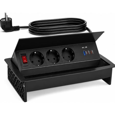 Prise Encastrable Plan de Travail 6 en 1, Bloc Multiprise Encastrable avec USB-C PD 30W et USB-A QC, 3 Prises avec Interrupteur, Aluminium, Prise Escamotable pour Cuisine et Bureau (1/5)