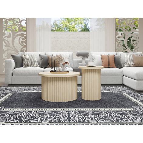 Rundes Couchtisch-Set im 2er-Pack mit natürlicher Holzoptik und wellenförmiger Struktur – integrierter Beistelltisch, ideal für Wohnzimmer, Schlafzimmer, Arbeitszimmer oder Büro (1/5)