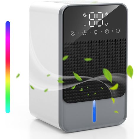 Deshumidificador eléctrico de 1500 ml, silencioso, con 2 velocidades, apagado automático, temporizador, luces LED de 7 colores y descongelación automática. (1/4)