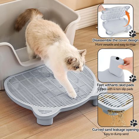 Rampes et Marches pour Chat Tapis de Litière Anti-Dispersions Bac à Litière sur Élevé avec Pédale Grille Double Couche Plateforme Antidérapante pour Litière Chat Toilette