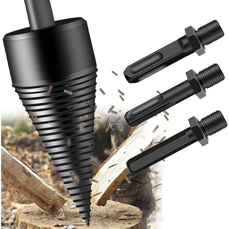 Ouylaf Foret conique 42mm pour fendeuse de bois Acier haute teneur en carbone Compatible avec perceuses à tige ronde et hexagonale Inclus 3 poignées (1/5)