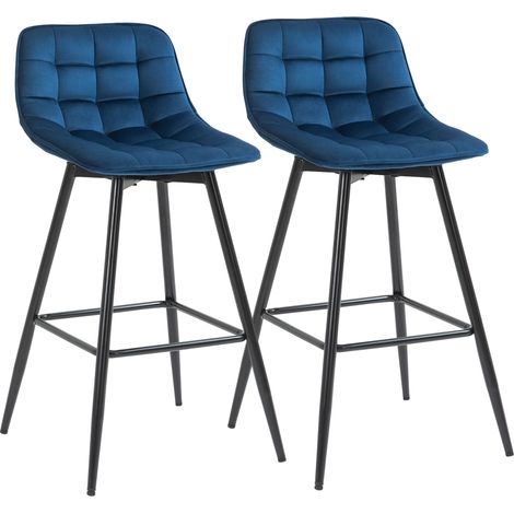 Set 2 Sgabelli Alti in Stile Nordico con Schienale e Poggiapiedi, Sgabelli Cucina con Schienale in Tessuto Effetto Velluto e Metallo, 45x47x88 cm, Blu