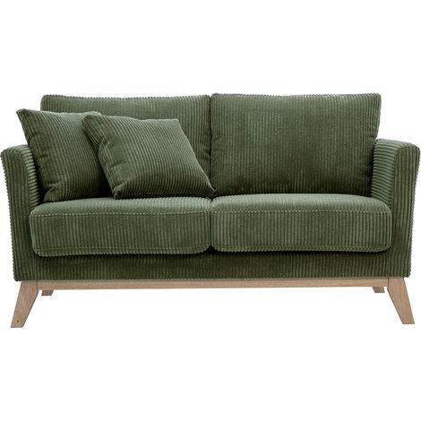 Skandinavisches Schlafsofa für 2 Personen in samtigem Rippenvelours in Khakigrün und hellem Holz OSLO