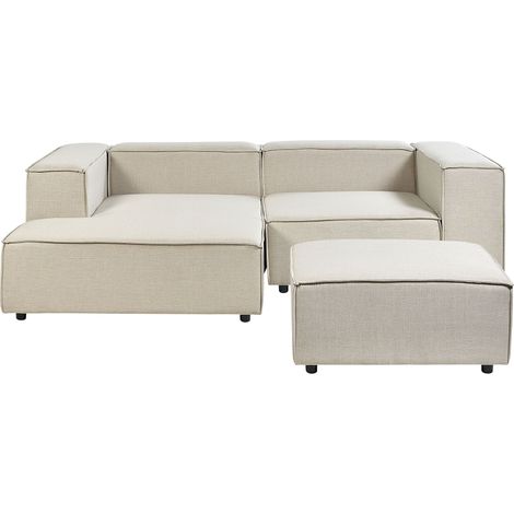 Divano ad angolo 2 posti in lino beige nero con poggiapiedi destro modulare Aprica (1/5)