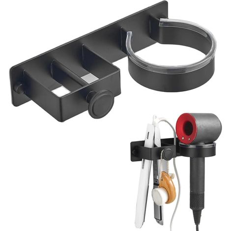 Wandhalterung für Haartrockner und Glätteisen, 2-in-1-Haartrocknerhalter aus Edelstahl, Halter für Haarstylinggeräte im Badezimmer, geeignet für Lockenstäbe (schwarz). (1/5)