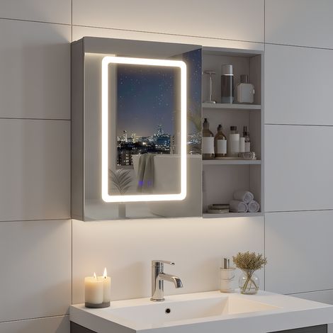 Eintür-Spiegelschrank mit Spiegel und Ablagen 60 x 60 cm, Badezimmerschrank mit LED-Beleuchtung, moderner Badspiegel mit Touch-Schalter und 3 Einstellbare Lichtfarben, Beschlagfrei, Weiß (1/5)