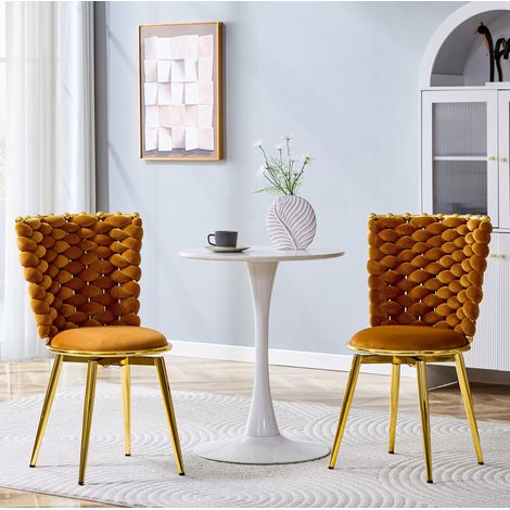 Set de 2 sillas de comedor de terciopelo con respaldo trenzado y patas de metal dorado, naranja (1/5)