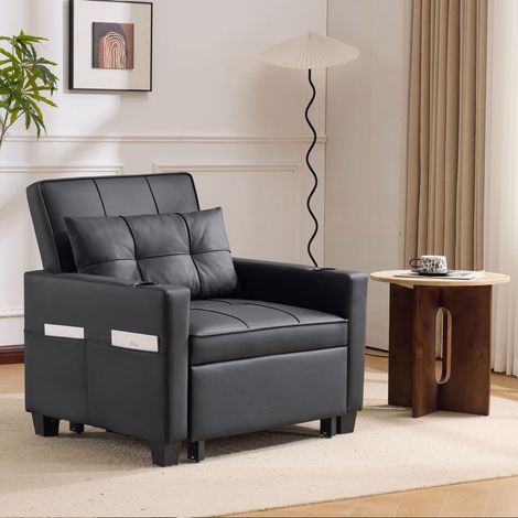 Canapé-lit 1 place extensible avec porte-gobelets, port USB, dossier réglable, PU noir DESVIAE (1/5)