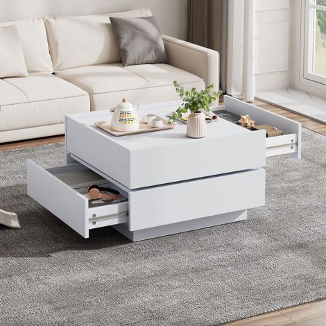 Tavolino da caffè in truciolare 60 x 60 x 38 cm bianco, girevole a 360°, con 2 cassetti e bordi rialzati (1/5)