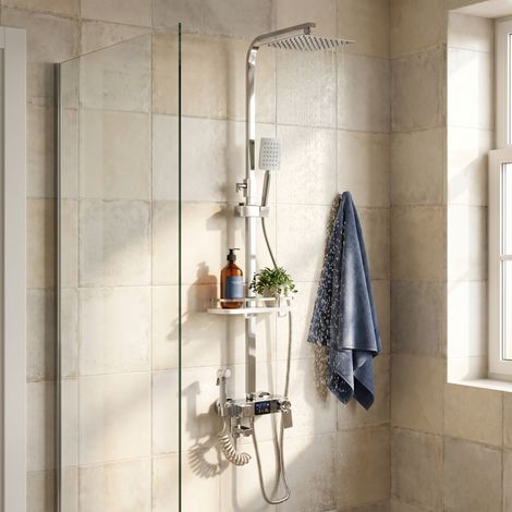 Colonne de douche thermostatique avec écran numérique, 4 fonctions avec douchette et bidet, métal chromé, argent (1/5)