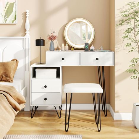 COSTWAY Coiffeuse avec Miroir et Tabouret, Miroir Rotatif, Lumière et Luminosité Réglable, Station de Charge, Bureau Coiffeuse, 4 Tiroirs, Compartiment Ouvert, Table de Maquillage, 98 x 40 x 120 cm (1/5)