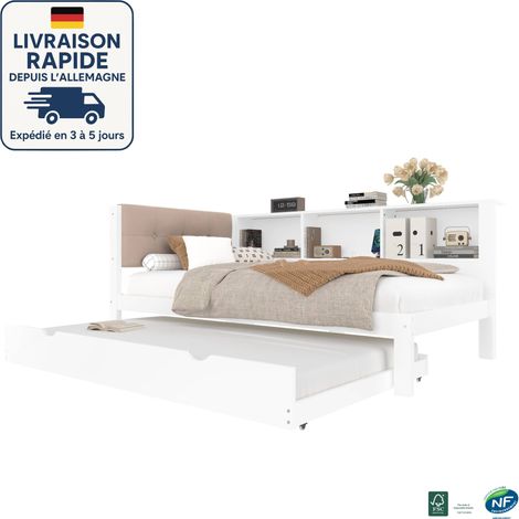 MODFU - Canapé-lit LED 90x190/200cm avec lit gigogne, lit enfant, tête de lit capitonnée, 3 étagères, sans matelas, pin, blanc (1/5)