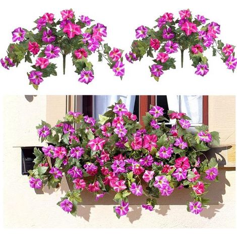 Dailygoods, Flores artificiales NatureMan exteriores, 2 piezas petunias artificiales seda resistentes rayos UV balcón, interiores (rojo púrpura) (1/5)