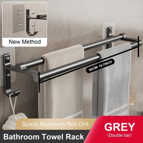Porte-serviettes mural (gris, 50 cm) pour salle de bain, sans perçage, double barre en aluminium à 2 niveaux (1/5)