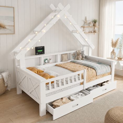 Cama casita infantil 90x200 cm de madera blanca con almacenaje, sin colchón FloraGrace (1/5)