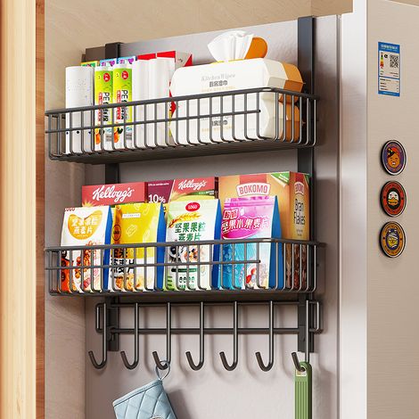 Étagère de Rangement Latérale pour Réfrigérateur à 2 Niveaux en Fer Plat Noir, Organisateur Multifonction pour Cuisine (1/3)