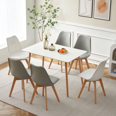 Esstischgruppe Weiß mit 6 Stühlen (4 Grau, 2 Weiß) für Küche & Esszimmer (1/5)