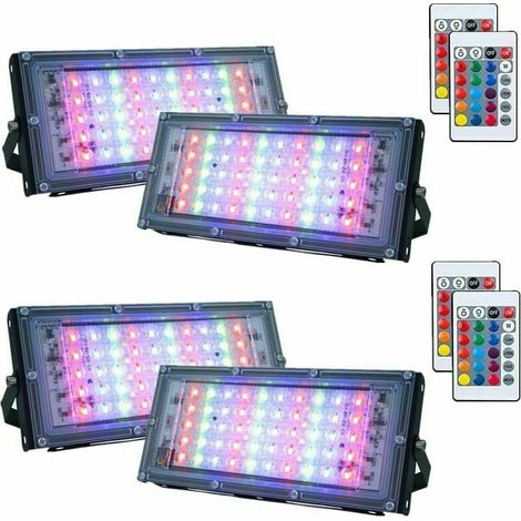 Lot de 4 Projecteur LED RGB à intensité variable pour extérieur,IP66 étanche avec télécommande, 16 couleurs, 4 modes d'éclairage pour extérieur intérieur et extérieur (50 W) (1/5)