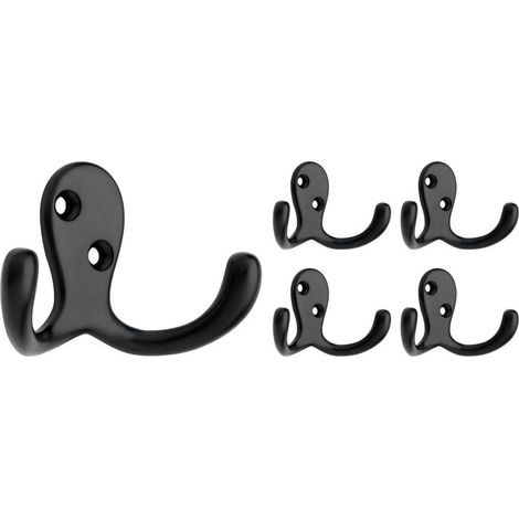 Set mit 5 doppelten Wandhaken mit 2 Zinken, schwarz, zum Aufhängen von Kleidung, Geldbörsen, Taschen, Handtüchern usw. (1/4)