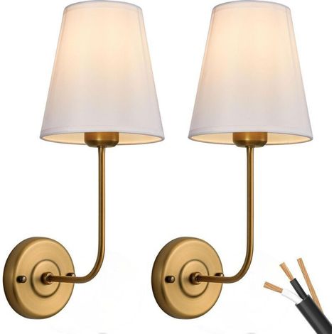 Lot de 2 appliques murales vintage en laiton antique abat-jour tissu blanc LED (1/5)