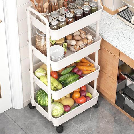 Chariot de rangement mobile à 4 niveaux, grande capacité, avec panier suspendu, idéal pour dortoir, salon et cuisine. (1/5)