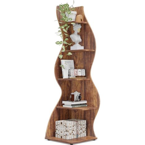 Tribesigns Corner Shelf, Rustic 5-Tier Wall Corner Bookshelf, Stylish Corner Small Bookcase Storage Rack Plant Stand with Unique Shape for Living Room, Home Office (1PC, Brown)