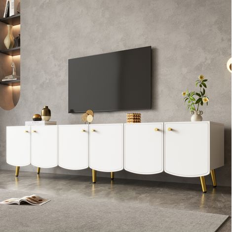 Mueble para TV de 6 puertas con espacio de almacenamiento, para salón o dormitorio, 180x40x45 cm, tablero de partículas blanco y dorado (1/5)