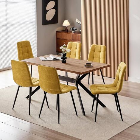 WAFTING Ensemble Table de Salle à Manger avec 6 Chaises, Table Rectangulaire Robuste, Grain de Hêtre - Foncé, Chaises en Lin - Jaune (1/5)